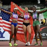 Grace Stark (USA) – 12.34 (Bronze), Ditaji Kambundji (SUI) – 12.24 (Gold), Tobi Amusan (NGR) – 12.29 (Silver)