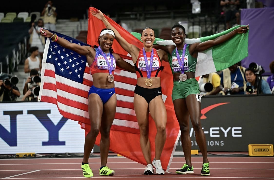 Grace Stark (USA) – 12.34 (Bronze), Ditaji Kambundji (SUI) – 12.24 (Gold), Tobi Amusan (NGR) – 12.29 (Silver)
