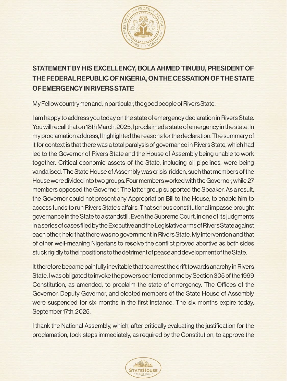 President Bola Tinubu letter to the embattled Governor Simi Fubara