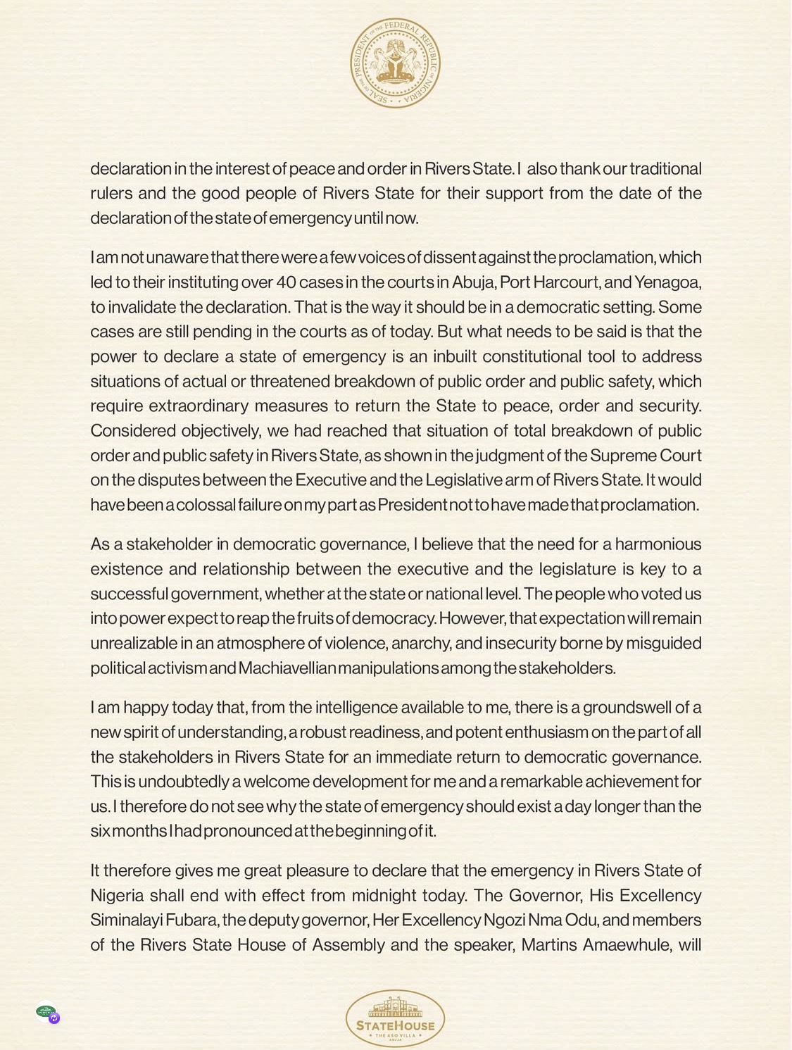 President Bola Tinubu letter to the embattled Governor Simi Fubara