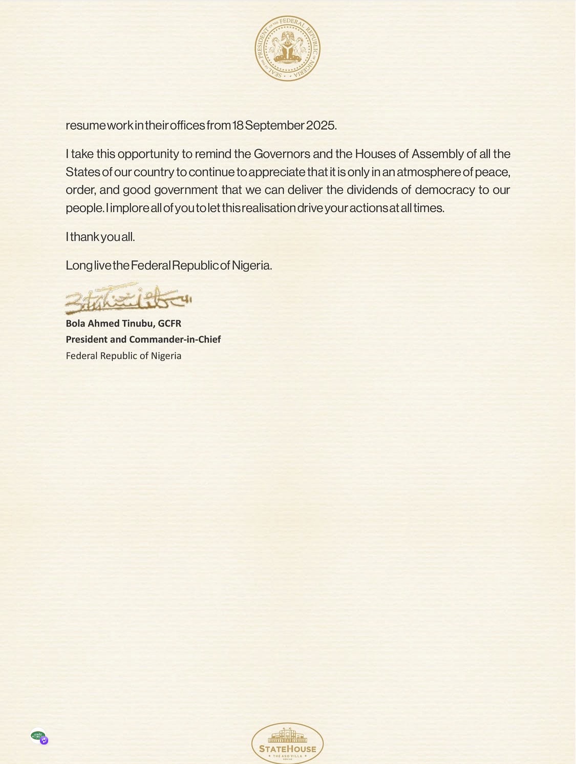 President Bola Tinubu letter to the embattled Governor Simi Fubara