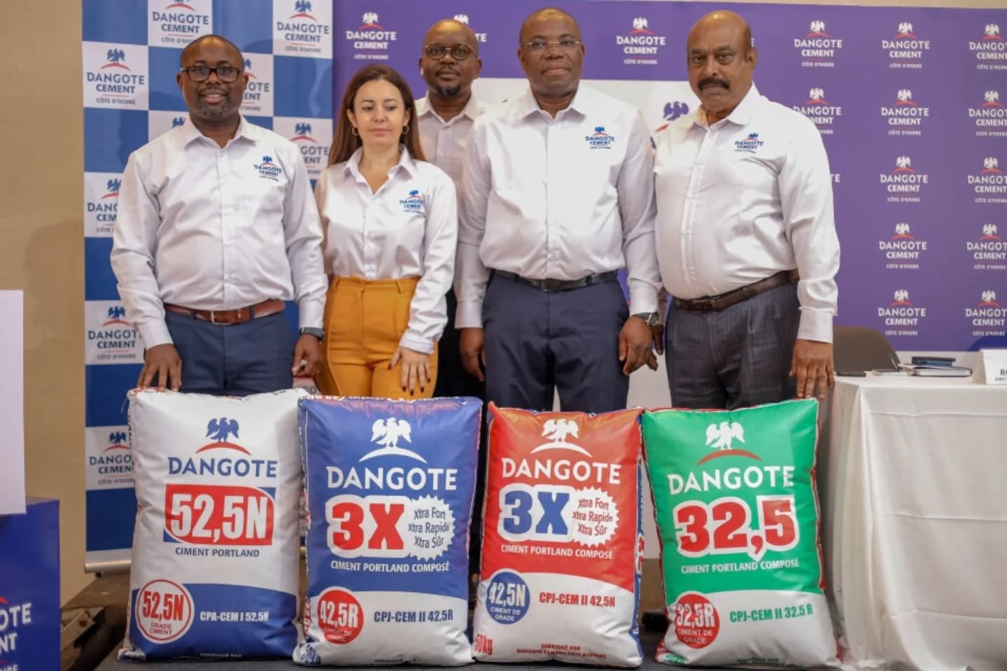 L - R: Sales and Marketing Director, Stephane Tchimou; Legal and Compliance Director, Francophone Africa, Romina Orlando; Human Resources Director, Chijioke Nwobi; Dangote Cement Ivory Coast CEO, Serge Gbotta; and Plant Director, Loius Raj.
