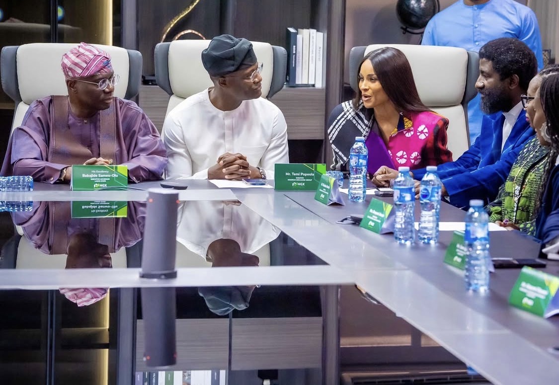 Lagos State Governor Babajide Sanwo-Olu, Lagos officials and American singer Ciara Wilson at the Nigerian Exchange (NGX) in Lagos