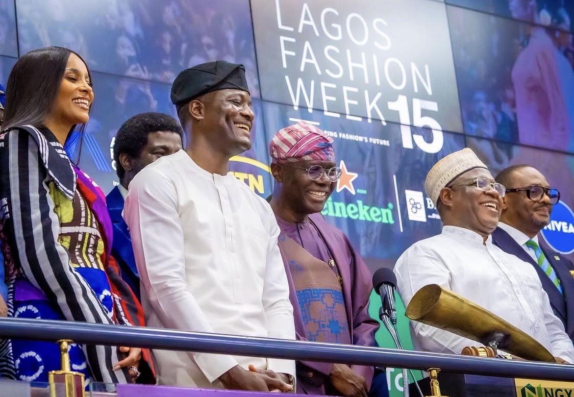 Lagos State Governor Babajide Sanwo-Olu, Lagos officials and American singer Ciara Wilson at the Nigerian Exchange (NGX) in Lagos