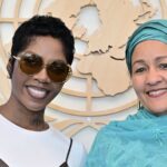 Tiwa Savage and Amina J. Mohammed at the United Nations Headquarters in New York.
