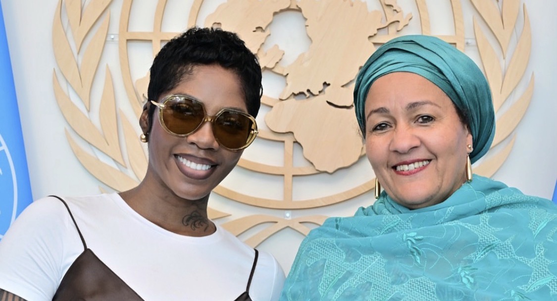 Tiwa Savage and Amina J. Mohammed at the United Nations Headquarters in New York.