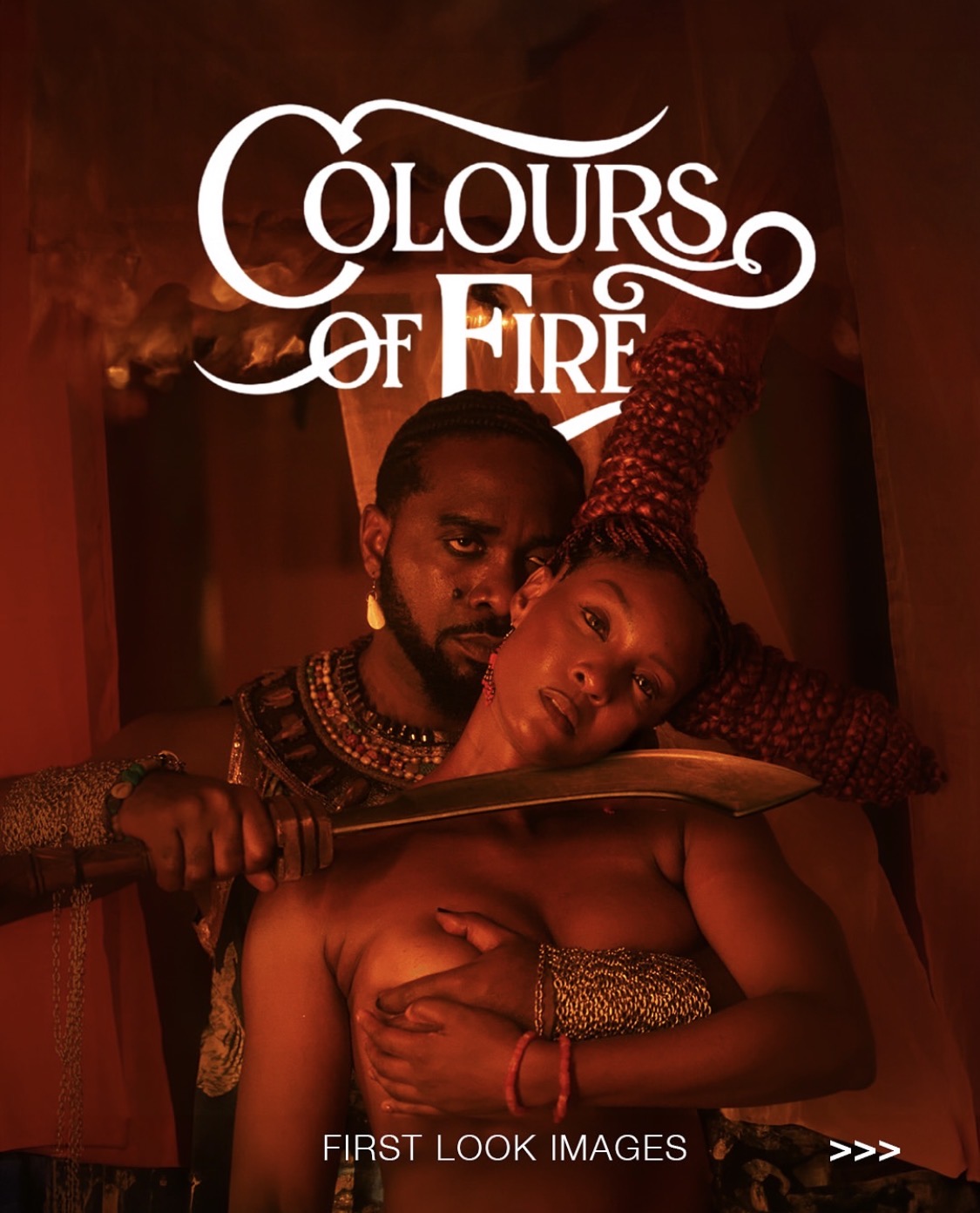 Uzor Arukwe and Osas Ighodaro Niyi locked in an electrifying, high-stakes moment in the Akinmolayan’s Colours of Fire